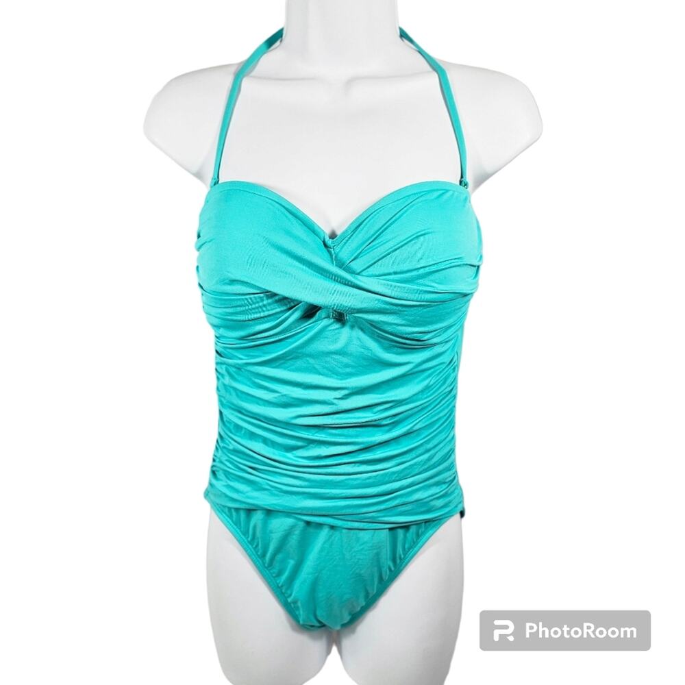La Blanca Island Goddess Bandeau and Ruching One-Piece Turquoise Women's…